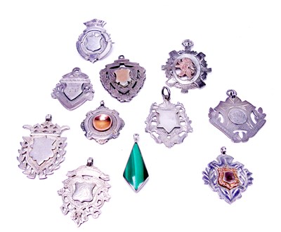 Lot 389 - Ten Shield Medallions and a Malachite Pendant.
