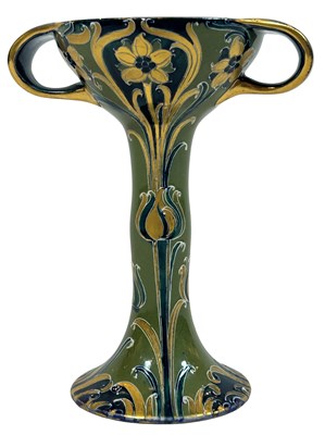 Lot 215 - Moorcroft for Macintyre & Co ‘Green & Gold’ Florian Ware Pedestal Vase.
