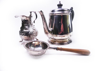 Lot 470 - Sterling silver Small Teapot Milk, Jug and Tea Strainer.