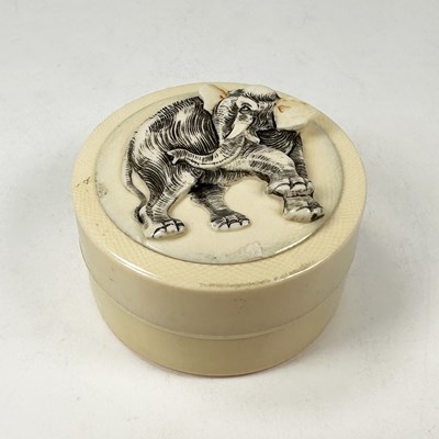 Lot 190 - Japanese Carved Ivory Circular Box With Lid, an Elephant in High Relief on the Lid.