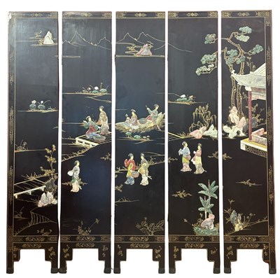 Lot 221 - Chinese Black Lacquered Five Panel Screen.