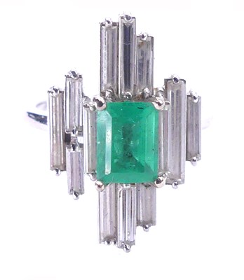 Lot 340 - Geometrically Designed Emerald Diamond Ring.