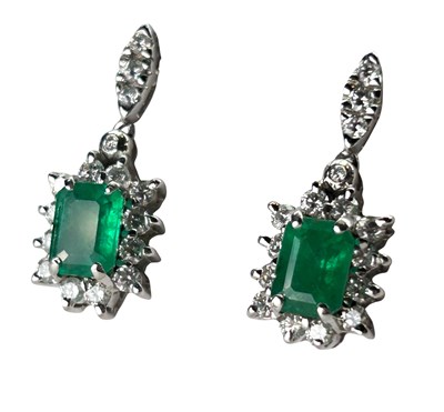 Lot 328 - Emerald and Diamond Drop Earrings.