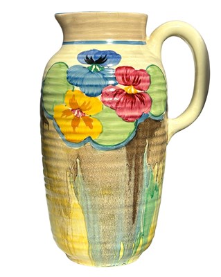 Lot 170 - Clarice Cliff Ribbed 'Pansies' Pattern Greek Jug.