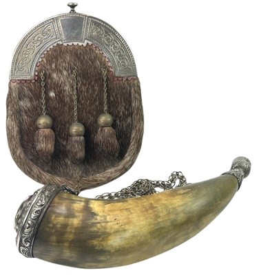 Lot 157 - Powder Horn on Chain with Sporran Fur Bag.