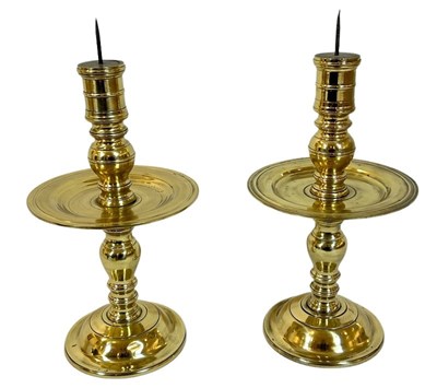 Lot 160 - Two Polished Brass Prickets with Drip Tray.