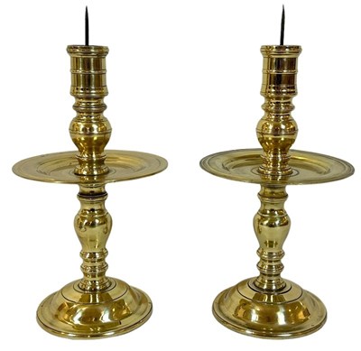 Lot 160 - Two Polished Brass Prickets with Drip Tray.