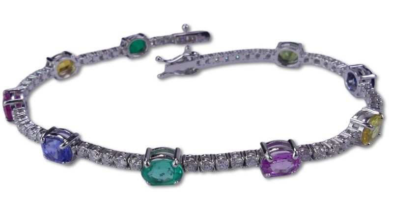 Lot 270 - Coloured Gem Mounted Tennis Style Bracelet.