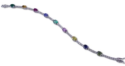 Lot 270 - Coloured Gem Mounted Tennis Style Bracelet.