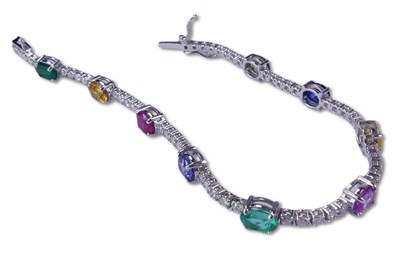 Lot 270 - Coloured Gem Mounted Tennis Style Bracelet.