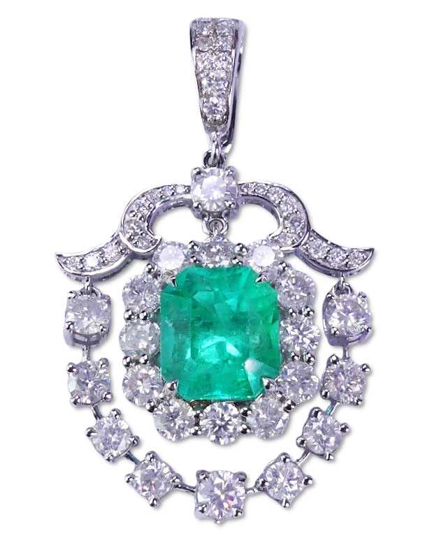 Lot 217 - Colombian Emerald and Diamond Decorative Pendant.