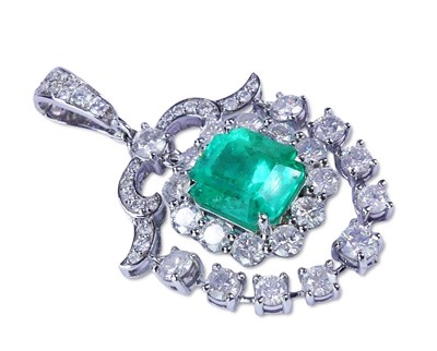Lot 217 - Colombian Emerald and Diamond Decorative Pendant.