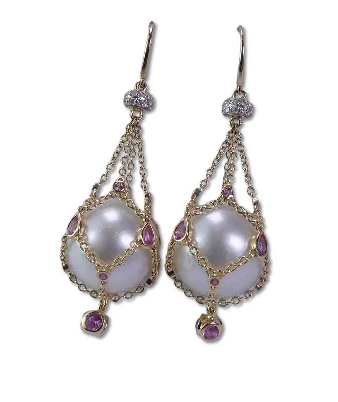 Lot 289 - White Cultured South Sea Pearl, Pink Sapphire and Diamond, Yellow Gold Cage Earrings.