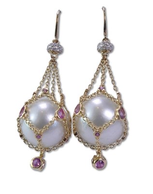 Lot 289 - White Cultured South Sea Pearl, Pink Sapphire and Diamond, Yellow Gold Cage Earrings.