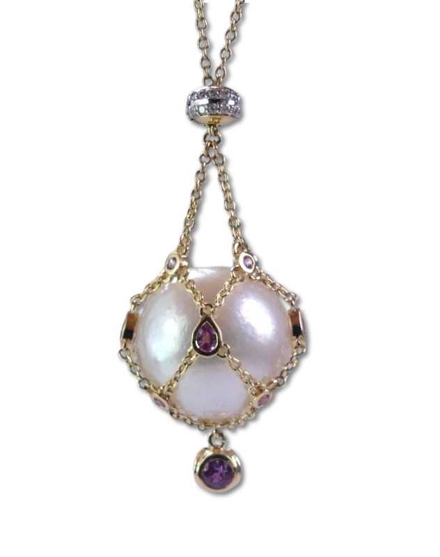 Lot 285 - Cultured South Sea Pearl, Pink Sapphire and Diamond Pendant.