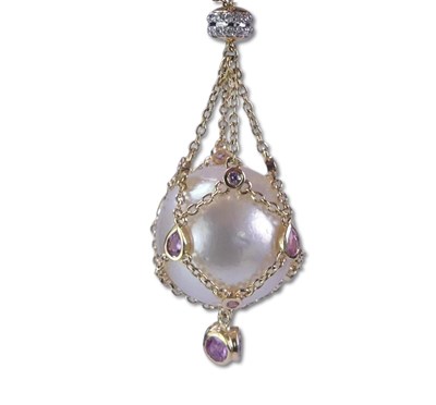 Lot 285 - Cultured South Sea Pearl, Pink Sapphire and Diamond Pendant.