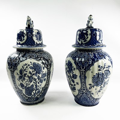 Lot 165 - A Pair Of Vintage Blue & White Belgian 'Delft', Lidded Urns.