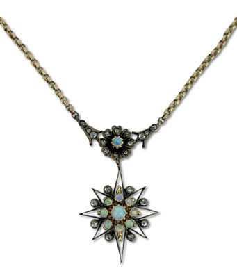 Lot 439 - Open Round Link Necklace with Opal and Diamond Pendant.