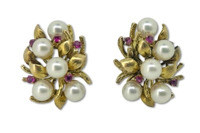 Lot 300 - Pearl and Ruby Gold Earrings.