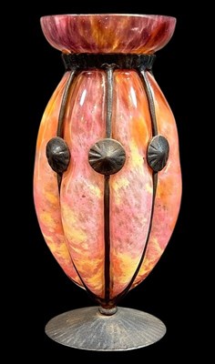 Lot 156 - Charles Schneider Glass & Wrought Iron Vase.