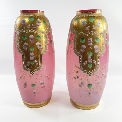 Lot 179 - A Pair Of Pink & Gold Bohemia Glass Vases.