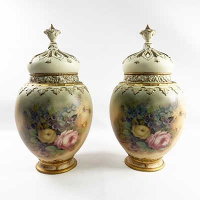 Lot 180 - A Pair of Royal Worcester Style, 'Blush Ivory', Potpourri Vases.