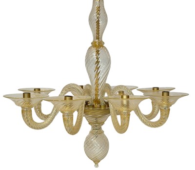 Lot 261 - An 8 Light Yellow Murano Glass Chandelier With Rigadin Pattern.