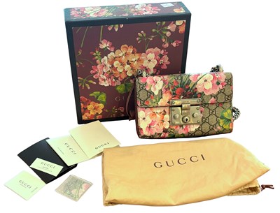 Lot 157 - Gucci GG Supreme Blooms Padlock Small Shoulder Bag.