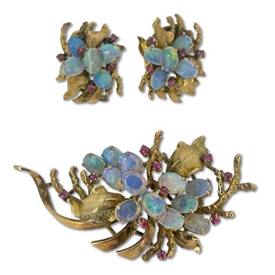 Lot 339 - Opal and Ruby Brooch and Earrings.