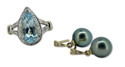 Lot 400 - Topaz and Diamond Ring with Pearl Studs.