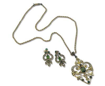 Lot 316 - Pearl and Peridot Pendant Brooch and Earrings.