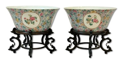 Lot 244 - Pair Chinese Famille Rose Millie-fleurs Porcelain Bowls with Stands.