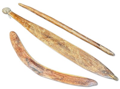 Lot 2 - Aboriginal Incised Spear-thrower, Club and Boomerang.