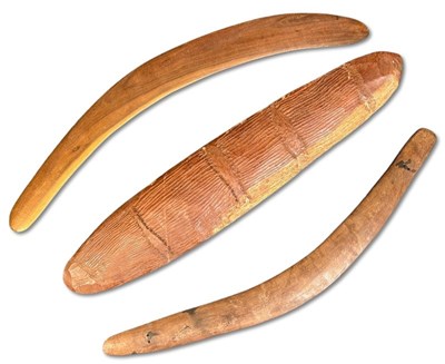 Lot 94 - Aboriginal Hardwood Shield & Two Boomerangs, 3pcs.