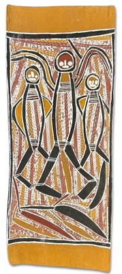 Lot 146 - Aboriginal Bark Painting: Three Dancing Mimih Spirits.