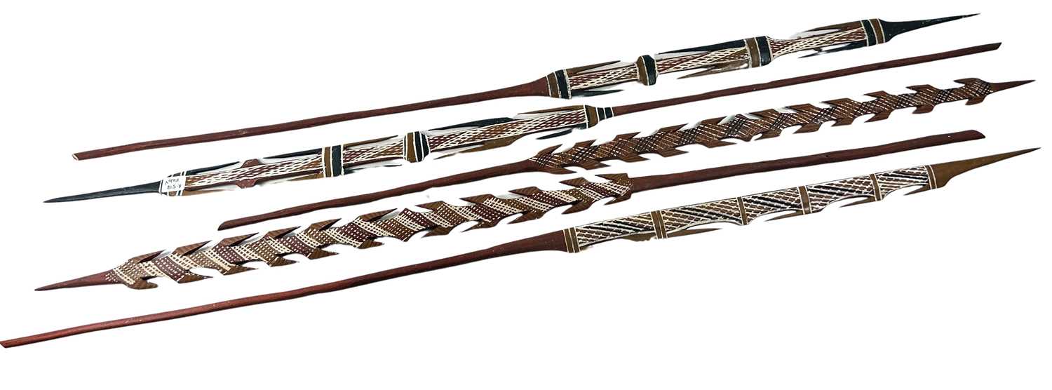 Lot 82 - North East Arnhem Land ochre decorated multi barbed spears collected late 1960s
