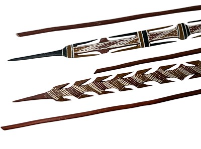 Lot 82 - North East Arnhem Land ochre decorated multi barbed spears collected late 1960s