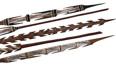 Lot 82 - North East Arnhem Land ochre decorated multi barbed spears collected late 1960s