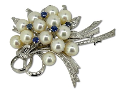 Lot 362 - White Gold Pearl and Sapphire Brooch.