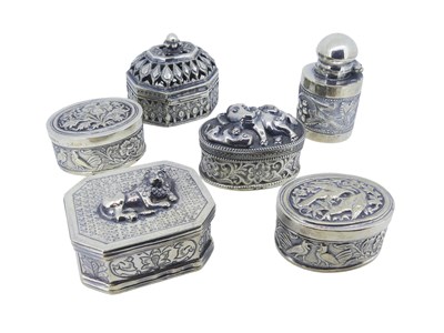 Lot 486 - Five Small asian silver Boxes and a Silver Bottle.