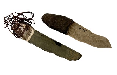 Lot 23 - Early Aboriginal Stone Knives , one with ochre design and bush string.