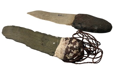Lot 23 - Early Aboriginal Stone Knives , one with ochre design and bush string.