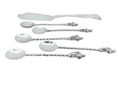 Lot 489 - Five John Figg Coffee Spoons and Fish Knife