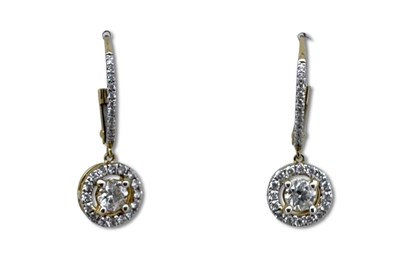 Lot 346 - 18ct Yellow Gold Halo Drop Earrings.
