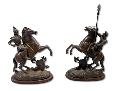 Lot 204 - Pair Spelter Horse and Rider Statues.