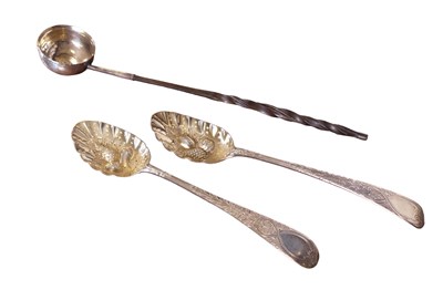 Lot 586 - Georgian Berry Spoons & Toddy Ladle, 3 pcs.