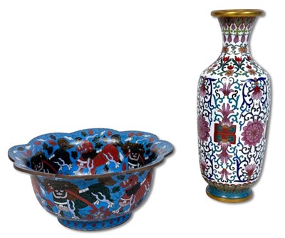 Lot 287 - Chinese Cloisonne Enamel Vase and Bowl, 2 pcs.
