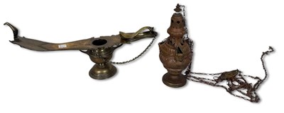 Lot 240 - Antique Brass Lamp and Incense Burner, 2 pcs.