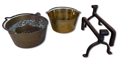 Lot 248 - Victorian Fire End Dogs, Brass Coal Buckets, 3 pcs.