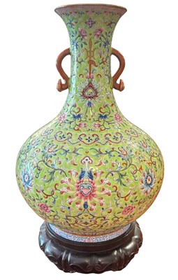 Lot 207 - A Famille-Rose Lime-Green Ground 'Lotus' Vase.
